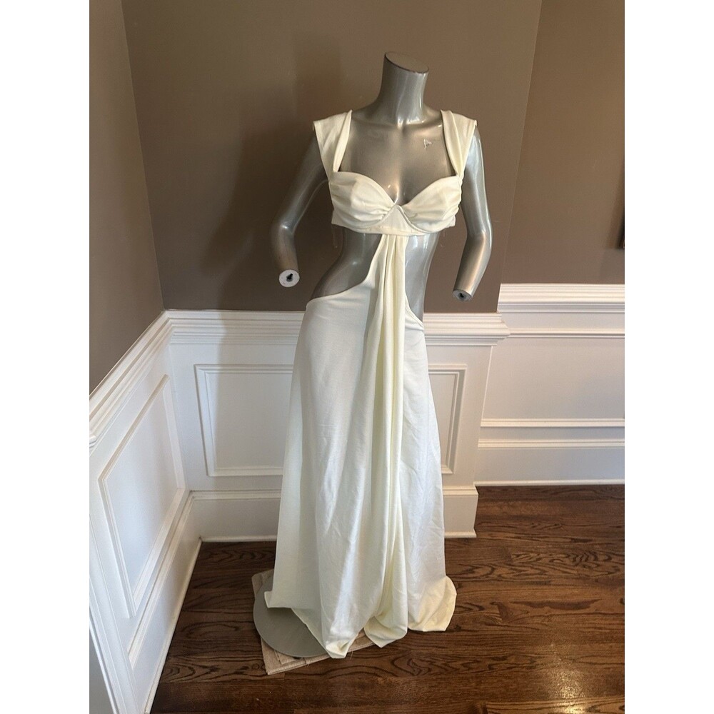 NWT FASHION NOVA Butter Yellow Gauze Wife Leg Cut Out Out Jumpsuit Sz L - Picture 2 of 5